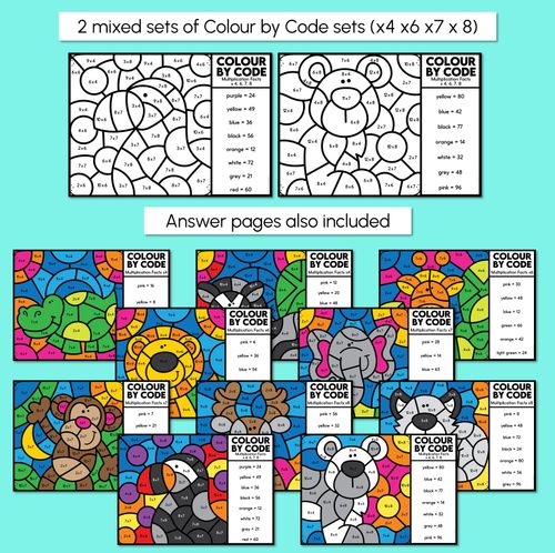 Resource preview 3 for Colour by Code - Multiplication Facts x4 x6 x7 x8 - Animal Theme