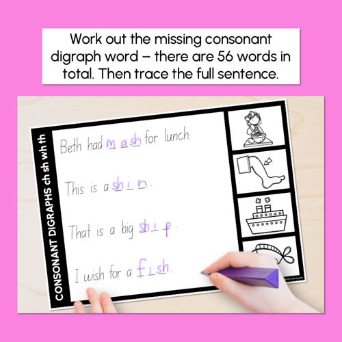 Resource preview 4 for Consonant Digraphs ch sh th wh - Trace the Sentence Worksheets - Missing Words