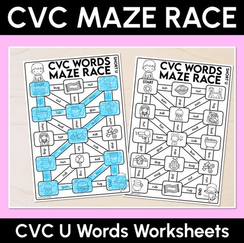 Resource preview 1 for CVC Words Maze Race - CVC U Words Worksheets
