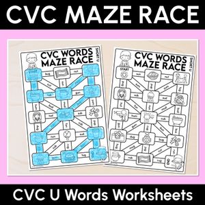 CVC Words Maze Race - CVC U Words Worksheets