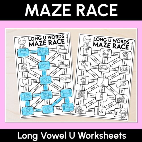 Resource preview 1 for Long Vowel U Words Maze Race - Long Vowel U Words Worksheets