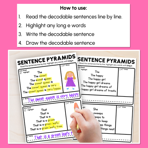 Resource preview 2 for Decodable Sentence Pyramid Worksheets - Long Vowel E