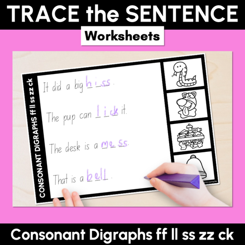 Resource preview 3 for Trace the Sentence Worksheets & Task Cards - Consonant Digraphs ff ll ss zz ck Bundle