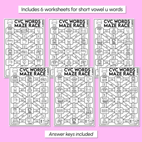 Resource preview 3 for CVC Words Maze Race - CVC U Words Worksheets