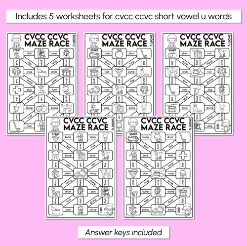 Resource preview 3 for CVCC Words Maze Race - CVCC CCVC U Words Worksheets