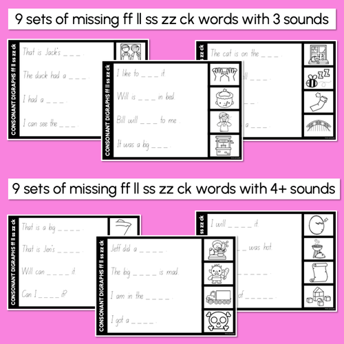 Resource preview 2 for Consonant Digraphs ff ll ss zz ck - Trace the Sentence Worksheets - Missing Words