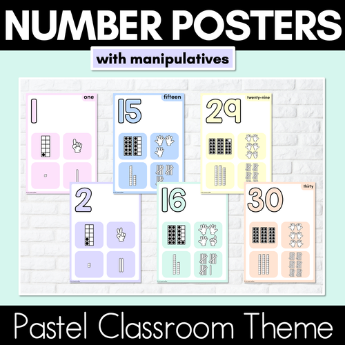 Resource preview 1 for PASTEL CLASSROOM DECOR - Number Posters 1-30 with ten frames, base ten blocks, tallies & fingers