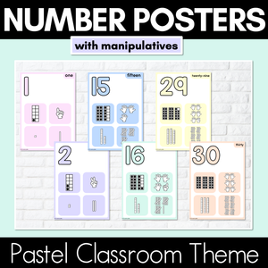 PASTEL CLASSROOM DECOR - Number Posters 1-30 with ten frames, base ten blocks, tallies & fingers