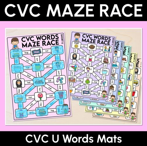 Resource preview 1 for CVC Words Maze Race - CVC U Words Mats