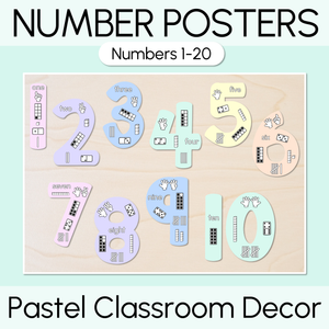Numbers 1-20 Display with ten frames, base ten blocks, tallies & fingers - Pastel Classroom Decor