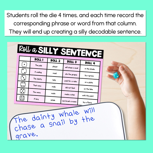 Resource preview 3 for Decodable Sentences with Long Vowel A Words - Roll a Silly Sentence Phonics