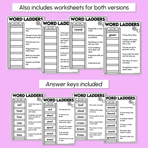 Resource preview 4 for Word Ladders - Find the Clue - Diphthong OU OW Words