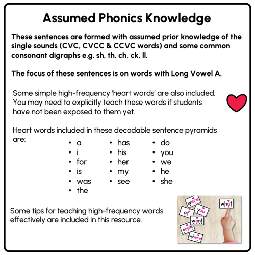 Resource preview 4 for LONG VOWEL A WORDS - Decodable Sentences Pyramids - Phonics Fluency