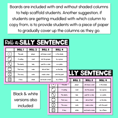 Resource preview 4 for Decodable Sentences with Long Vowel A Words - Roll a Silly Sentence Phonics