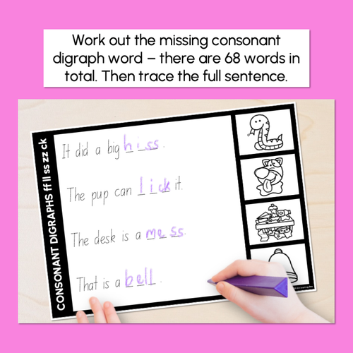 Resource preview 4 for Consonant Digraphs ff ll ss zz ck - Trace the Sentence Worksheets - Missing Words