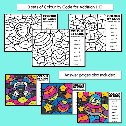 Resource preview 2 for Colour By Code - Addition Facts 1-10 & 11-20 - Space Theme