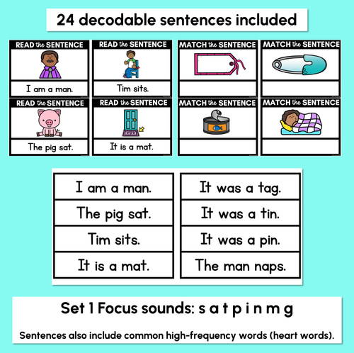 Resource preview 2 for CVC Word Decodable Sentences - Read and Match Set 1 - Kindergarten Phonics