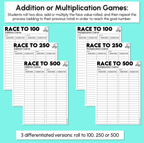 Resource preview 2 for Race to 500 - Addition, Subtraction & Multiplication Dice Games