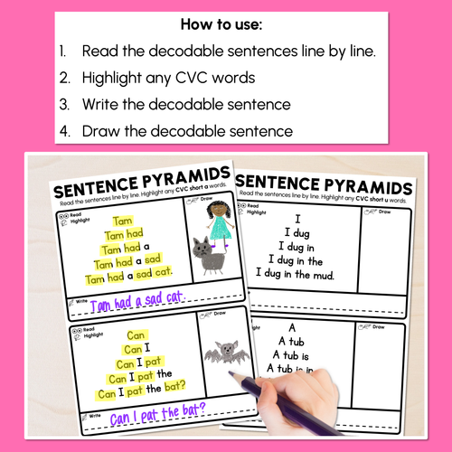 Resource preview 2 for Decodable Sentence Pyramid Worksheets - CVC Words Sorted by Vowel Sound