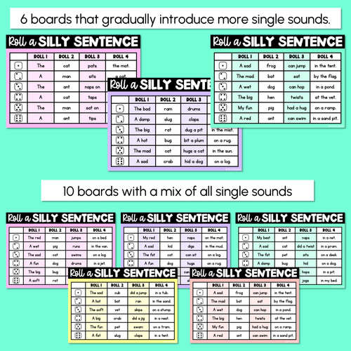 Resource preview 2 for Decodable Sentences with Mixed CVC CVCC CCVC Words - Roll a Silly Sentence Phonics