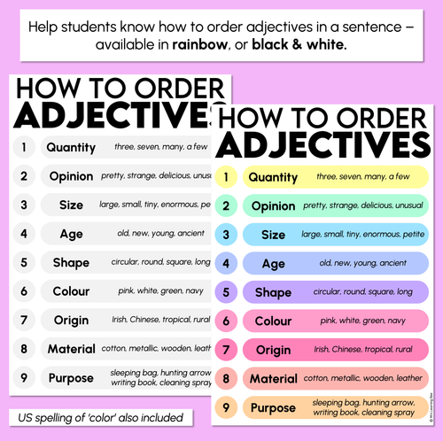 Resource preview 2 for Order of Adjectives – Rainbow Poster Display