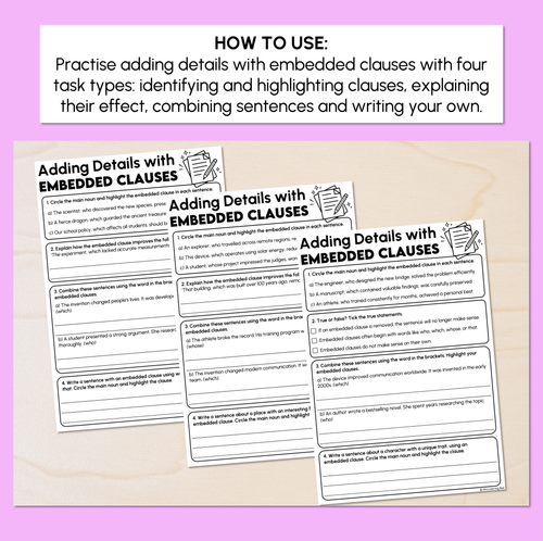 Resource preview 2 for Adding Details with Embedded Clauses Worksheet