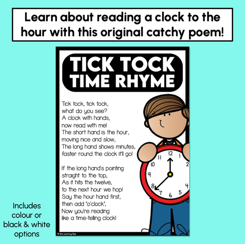 Resource preview 2 for Tick Tock Time Rhyme - Clock Poem for telling time to the hour