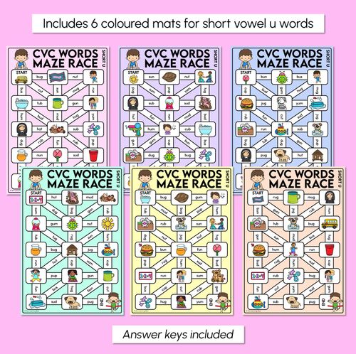 Resource preview 3 for CVC Words Maze Race - CVC U Words Mats