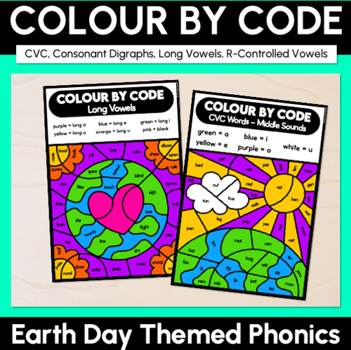 Resource preview 1 for Colour By Code Earth Day Themed - CVC, Consonant Digraphs, Long Vowels, R-Controlled Vowels