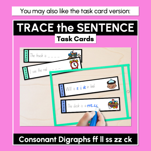 Resource preview 5 for Consonant Digraphs ff ll ss zz ck - Trace the Sentence Worksheets - Missing Words