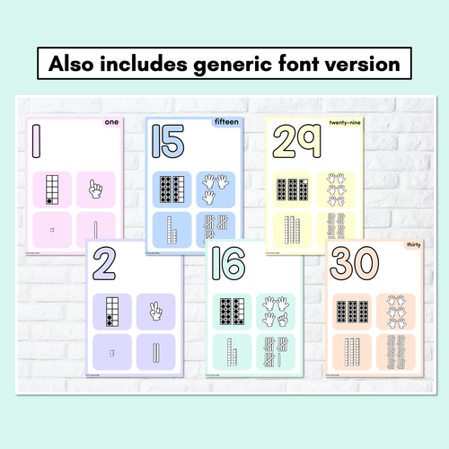 Resource preview 4 for PASTEL CLASSROOM DECOR - Number Posters 1-30 with ten frames, base ten blocks, tallies & fingers