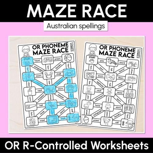 Resource preview 1 for R-Controlled OR Words (Australian) Maze Race - R-Controlled Vowel OR Words Worksheets