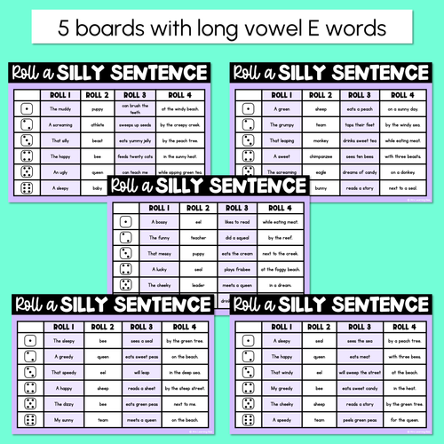 Resource preview 2 for Decodable Sentences with Long Vowel E Words - Roll a Silly Sentence Phonics