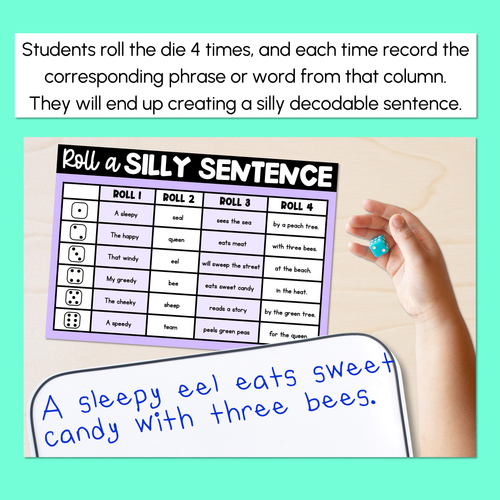 Resource preview 3 for Decodable Sentences with Long Vowel E Words - Roll a Silly Sentence Phonics