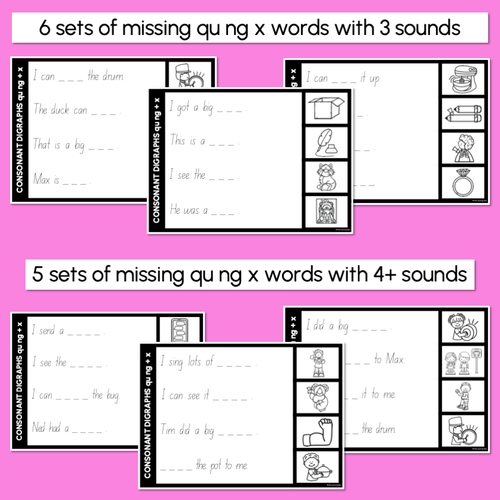 Resource preview 2 for Consonant Digraphs qu ng + x - Trace the Sentence Worksheets - Missing Words