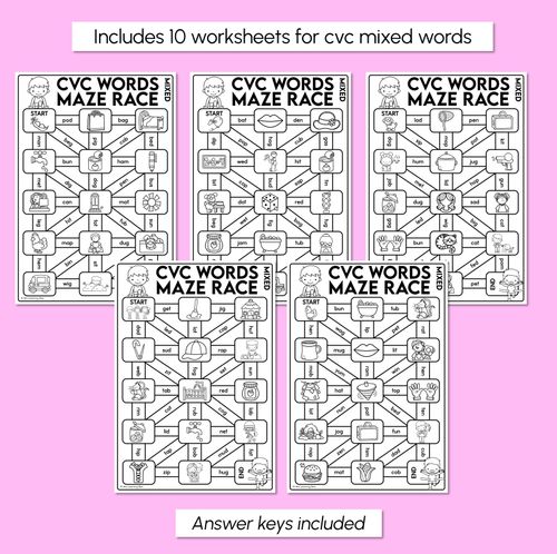 Resource preview 3 for CVC Words Maze Race - Mixed CVC Words Worksheets