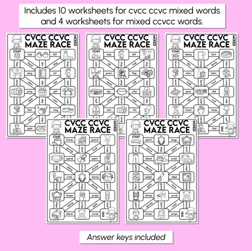 Resource preview 3 for CVCC Words Maze Race - MIXED CVCC CCVC Words Worksheets