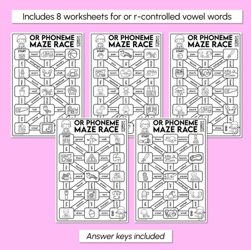 Resource preview 3 for R-Controlled OR Words (Australian) Maze Race - R-Controlled Vowel OR Words Worksheets