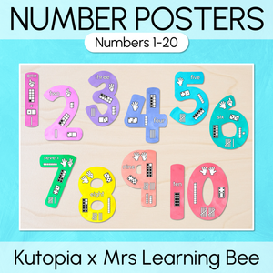 Numbers 1-20 Display with ten frames, base ten blocks, tallies & fingers - The Kutopia Collection