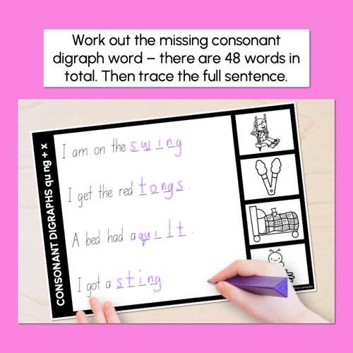 Resource preview 4 for Consonant Digraphs qu ng + x - Trace the Sentence Worksheets - Missing Words