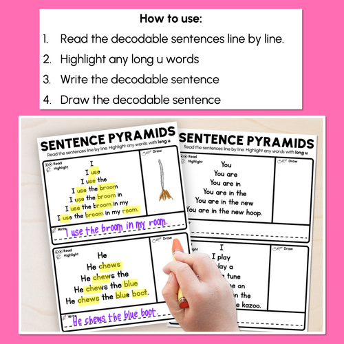 Resource preview 2 for Decodable Sentence Pyramid Worksheets - Long Vowel U