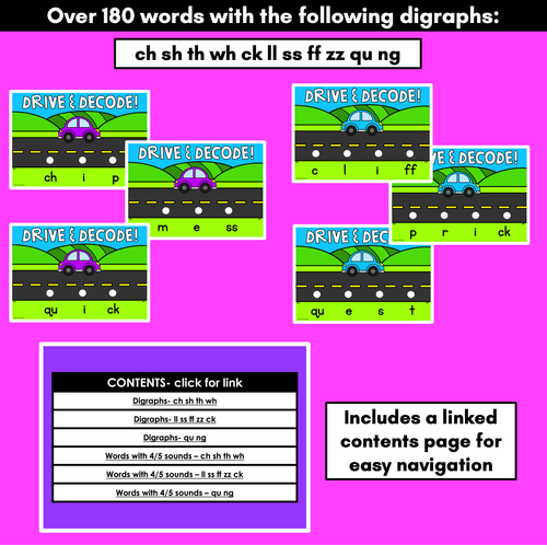 Resource preview 4 for Blending Consonant Digraph Words with Cars - DIGITAL SLIDES - Drive & Decode