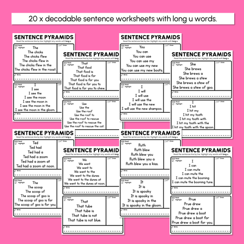 Resource preview 3 for Decodable Sentence Pyramid Worksheets - Long Vowel U