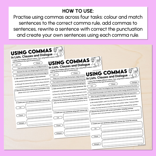 Resource preview 2 for Using Commas in Lists, Clauses & Dialogue - Commas Worksheet
