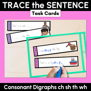 Consonant Digraphs ch sh th wh - Trace the Sentence Task Cards - Missing Words
