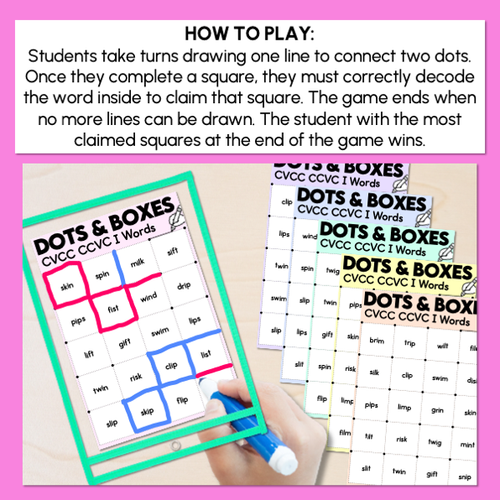 Resource preview 4 for Dots and Boxes Phonics Game - CVCC CCVC I Words
