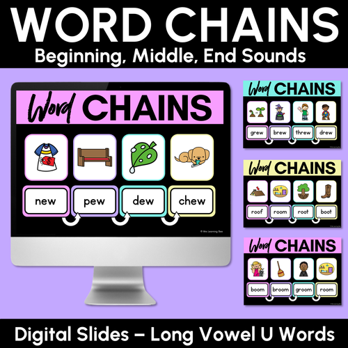 Resource preview 1 for Long Vowel U Word Chains for Beginning, Middle & End Sounds - Decodable PowerPoint