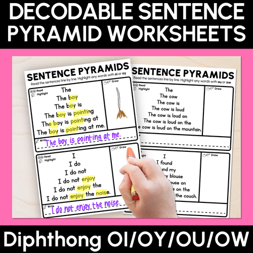 Resource preview 1 for Decodable Sentence Pyramid Worksheets - Diphthongs OI/OY/OU/OW