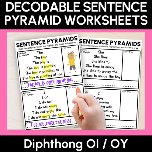 Resource preview 1 for Decodable Sentence Pyramid Worksheets - Diphthongs OI / OY