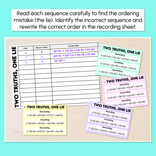 Resource preview 2 for Two Truths, One Lie - Ordering 6-digit Numbers Activity